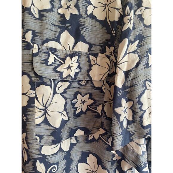 Cezar Size Large 100% Silk Short Sleeve Button Front Hawaiian Shirt Blue & White - Picture 2 of 5